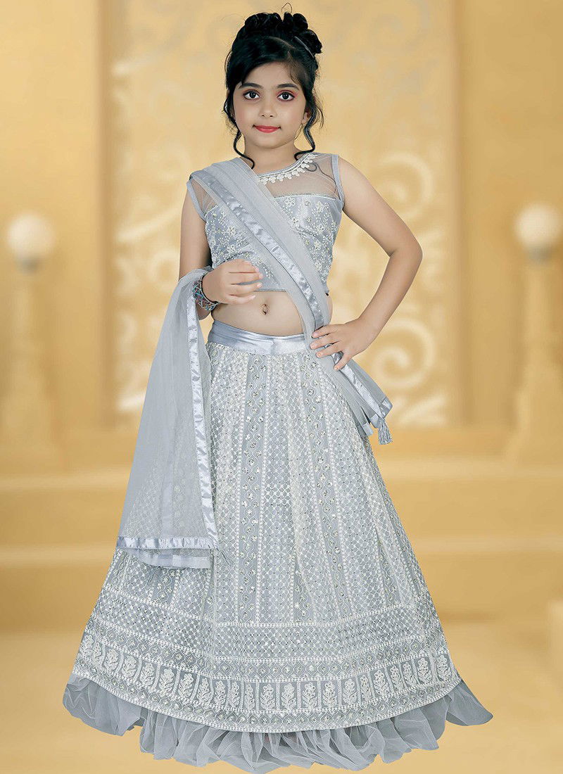 Gray Latest Fancy Designer Party Wedding Wear Net With Lucknowi Work Kids Wear Girls Lehnga Choli Collection 123